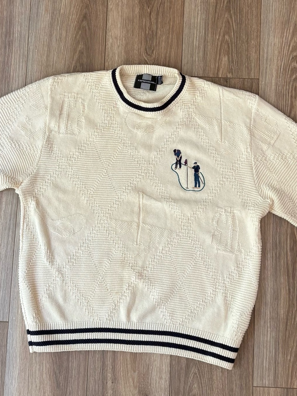 Vintage 90s Expressions Golf Knit Sweater Cream Crewneck Embroidered Men's Size